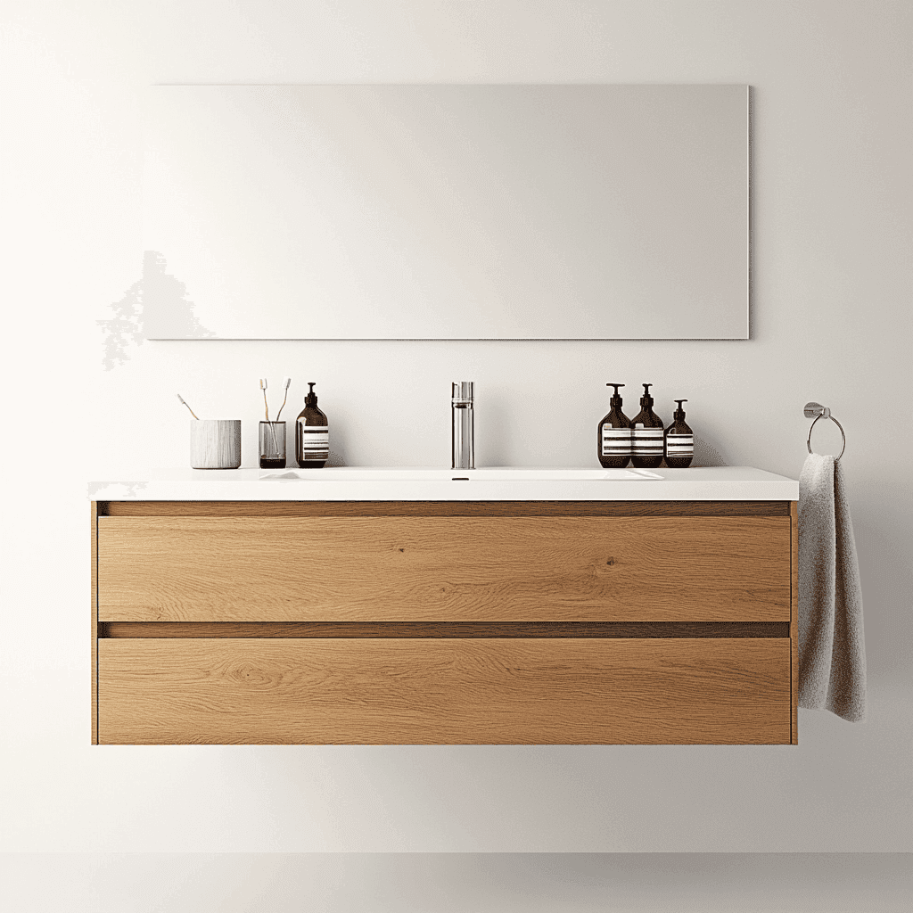 Moderne Badezimmer mit Waschbecken, Spiegeloberfläche und Gegenständen wie Zahnputzbrüsten und Seife. Weiß gekachelt mit Holzwand als Hintergrund.