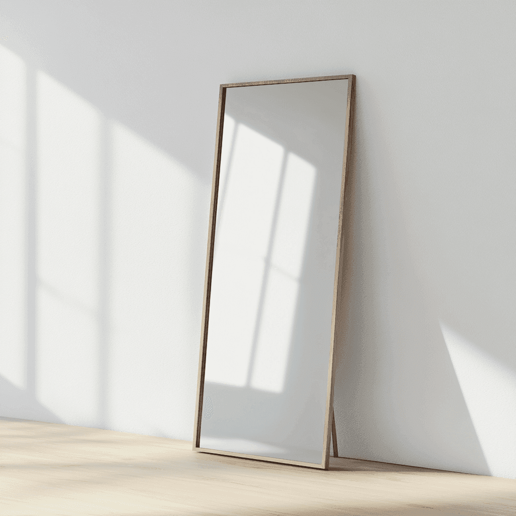 Ein Spiegel mit Holzrahmen an einer weißen Wand, durch Sonnenlicht reflektiert. Holzboden.