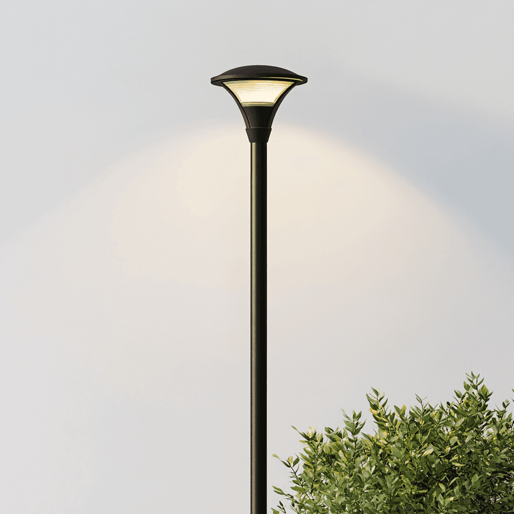 Eine Straßenlaterne mit hellem Glas und schwarzem Metallstiel vor blauem Himmel.