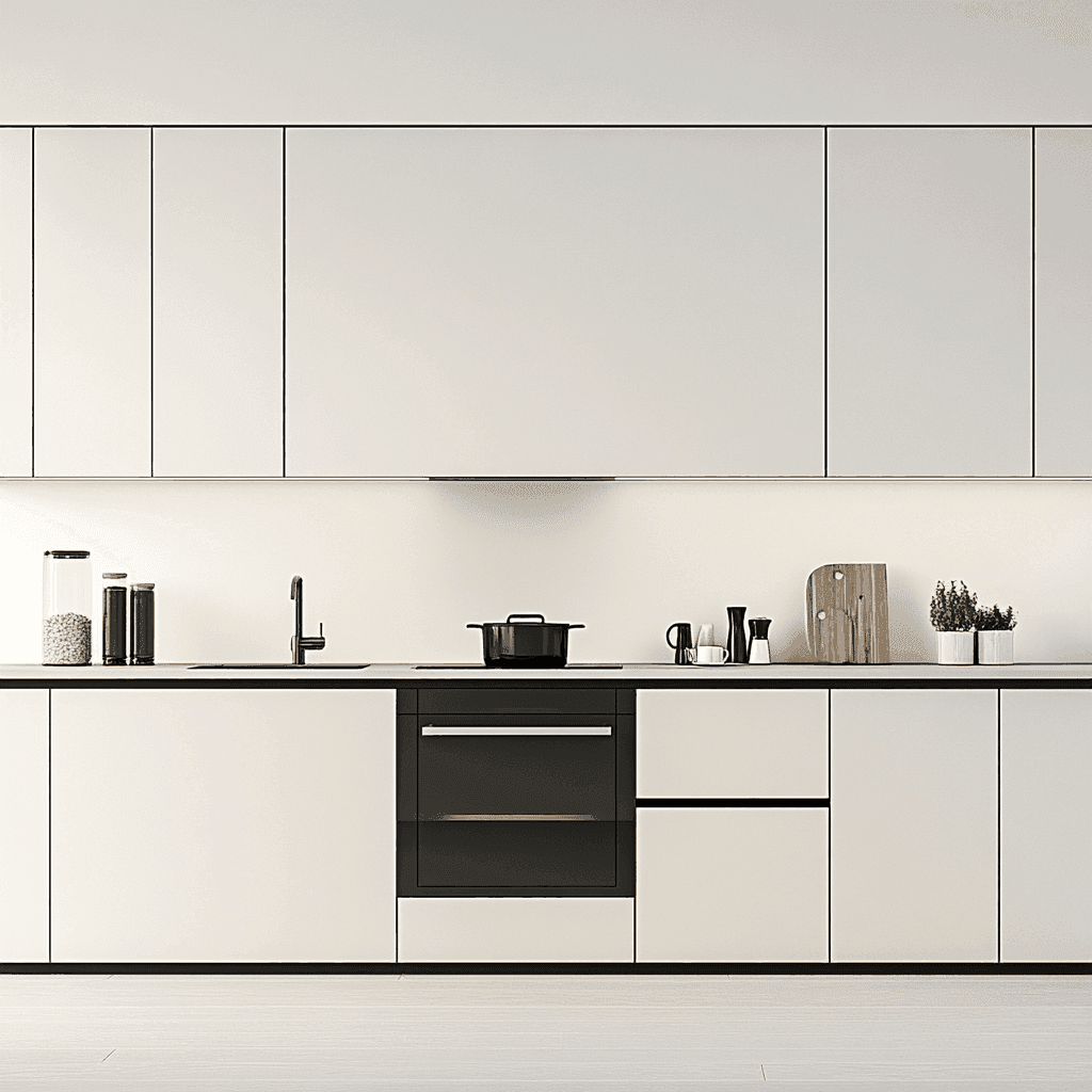 Moderne Kücheninsel aus weißem Holz mit Arbeitsfläche und Küchengeräten.