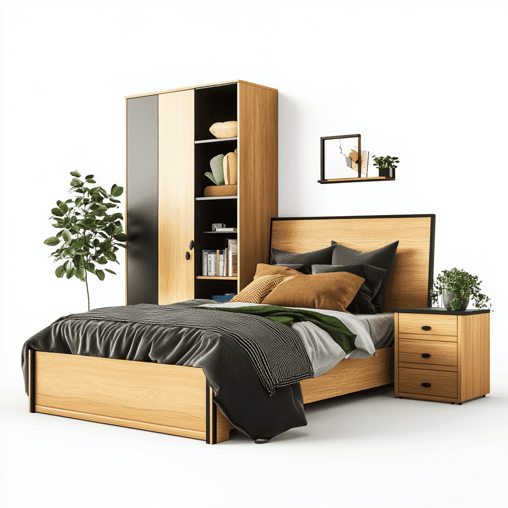 Ein Bett mit Nachttisch, Schrank und Pflanzen auf weißem Hintergrund. Das Holz ist hell und die Wände sind weiß.