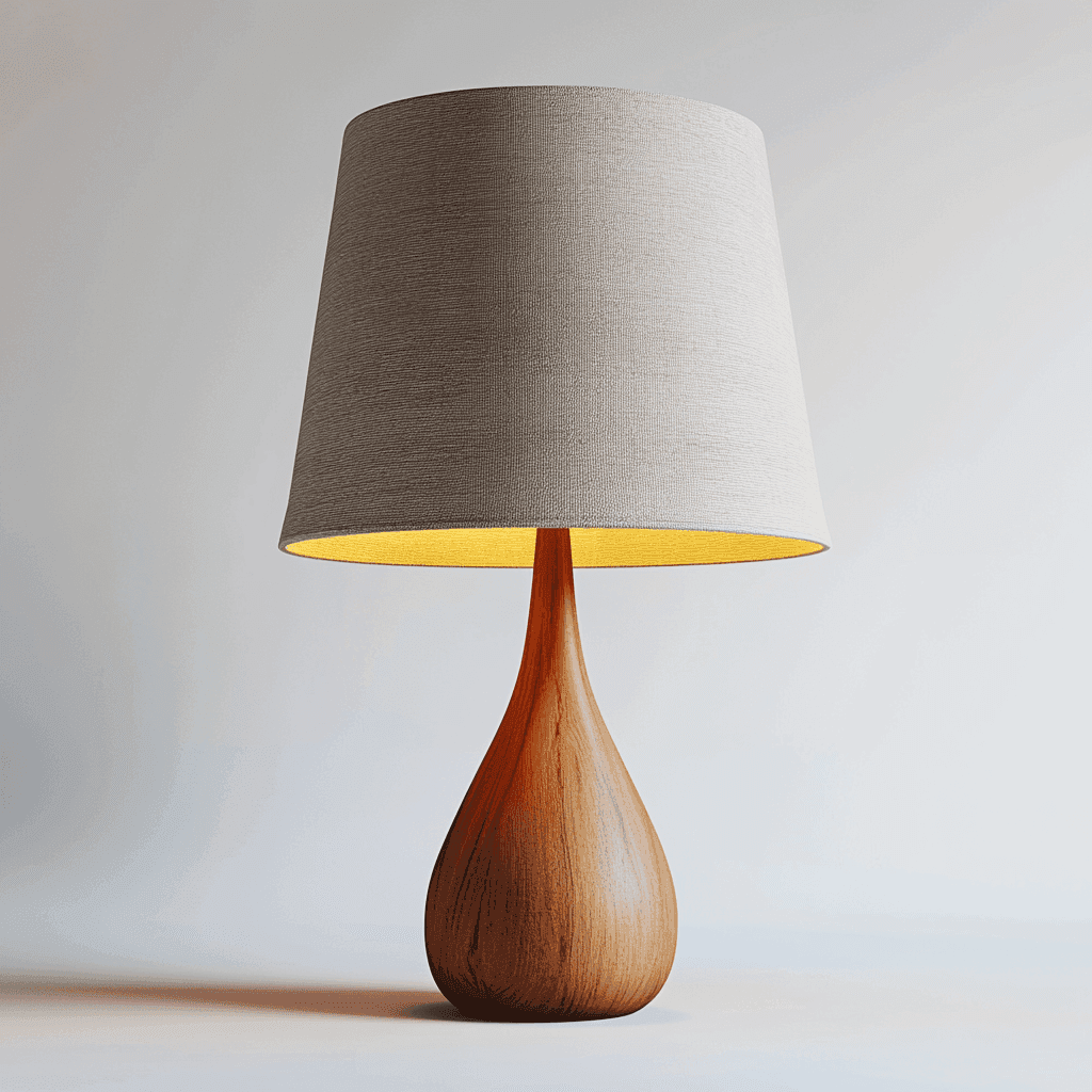 Eine Tischlampe mit künstlichem Holzteil und heller Leuchte steht auf dem Boden.
