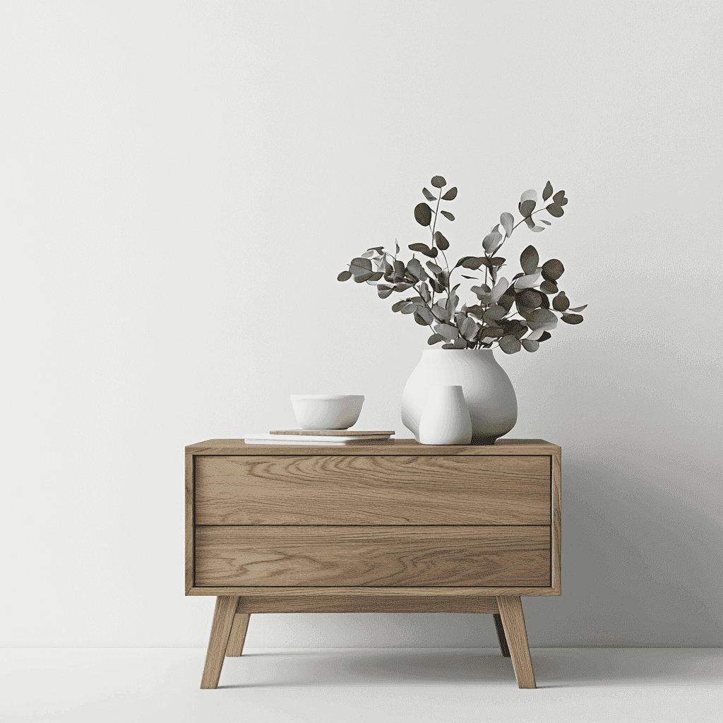 Ein kleines, mit Holz verkleidetes Möbelstück mit zwei Schubladen, auf dem Keramikkreationen und eine Pflanze stehen.