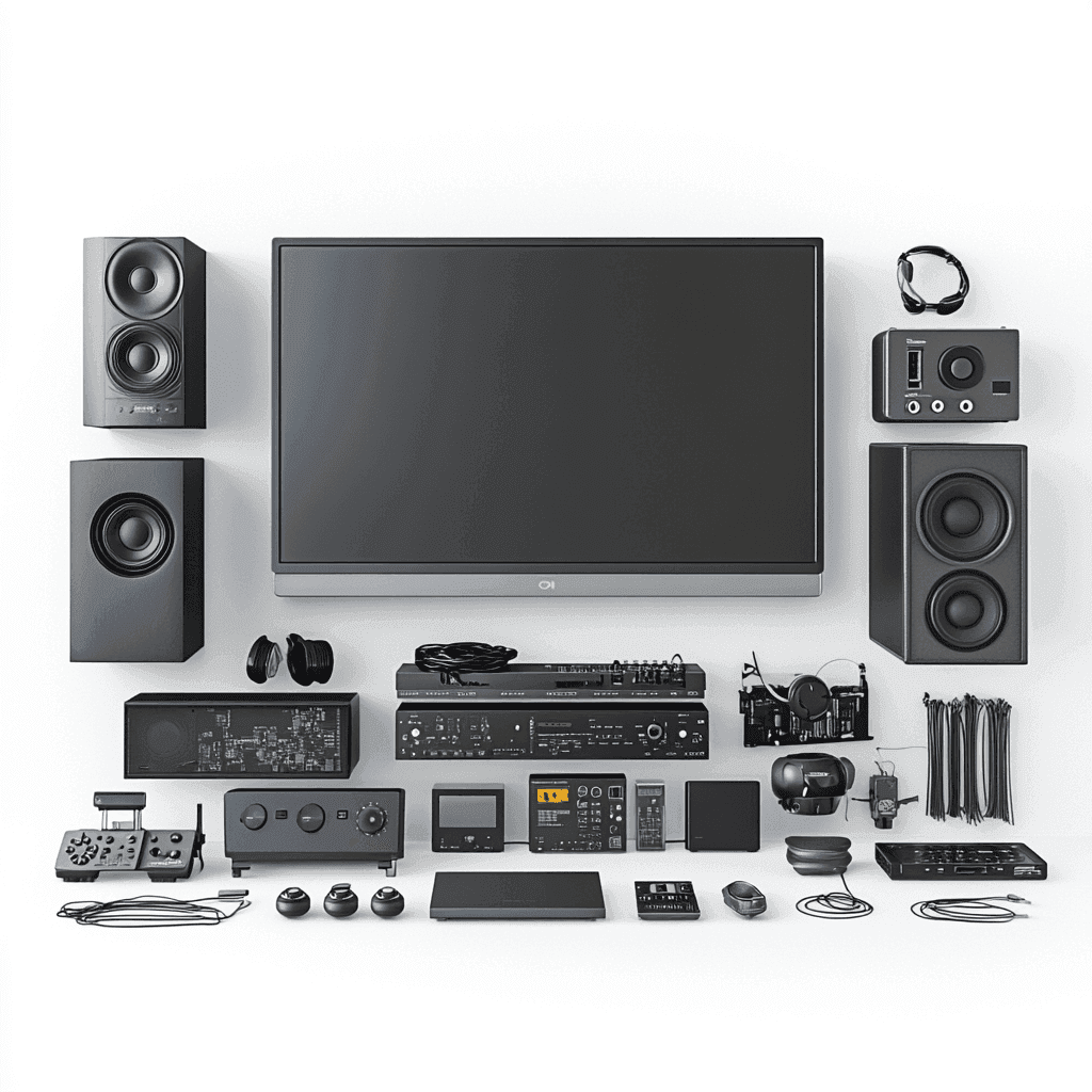 Eine Sammlung von elektronischen Geräten, darunter ein Fernseher, Audio- und Videogeräte sowie Zubehör.