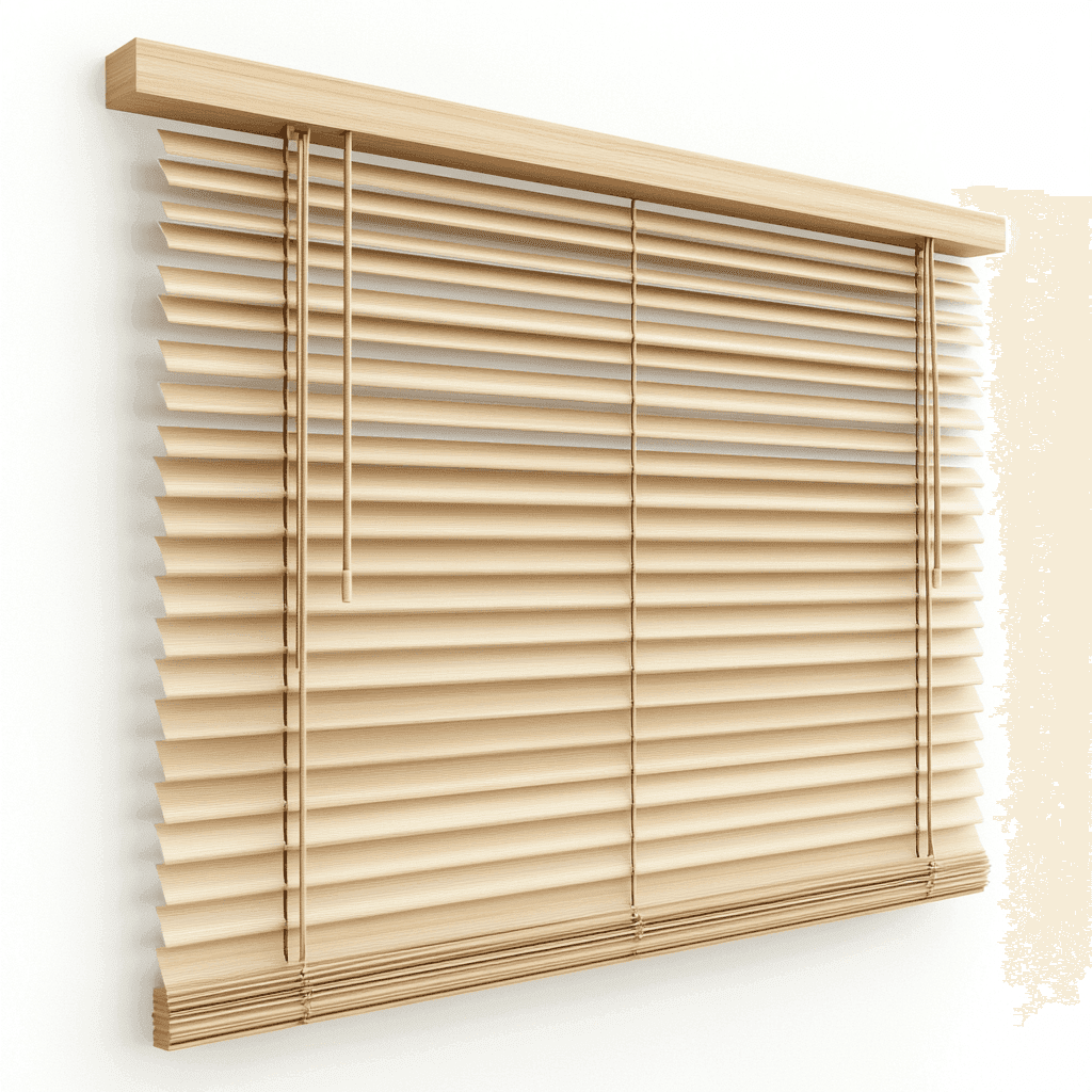 Fenster mit Holzjalousien und Balken darüber.