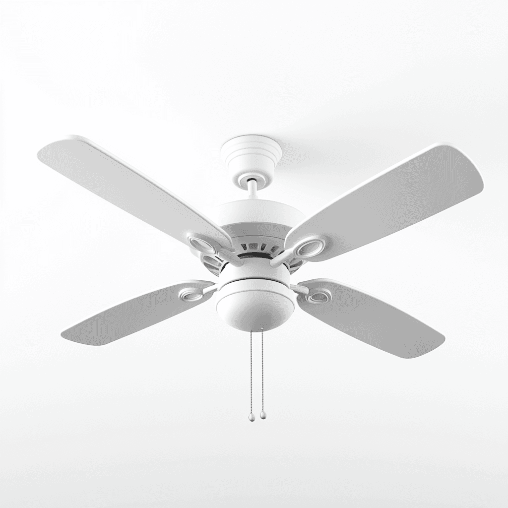 Weißer, fünfblättriger Kühlventilator mit abnehmbarer Abdeckung und Montage-Draht auf weißem Hintergrund.