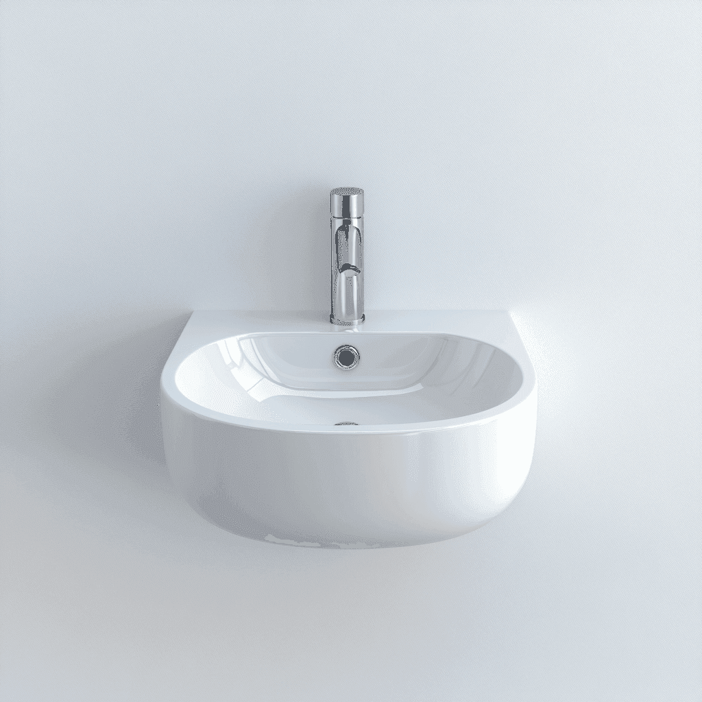 Weißes Waschbecken mit silberner Spülung und Abfluss auf weißem Hintergrund.