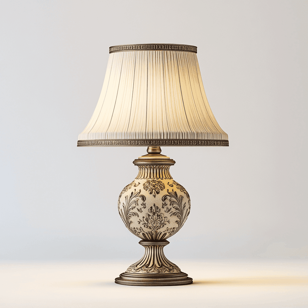 Eine Tischlampe mit silberner, floral verzierter Vase und weißem Lampenschirm steht auf einem weißen Tisch vor grauem Hintergrund.