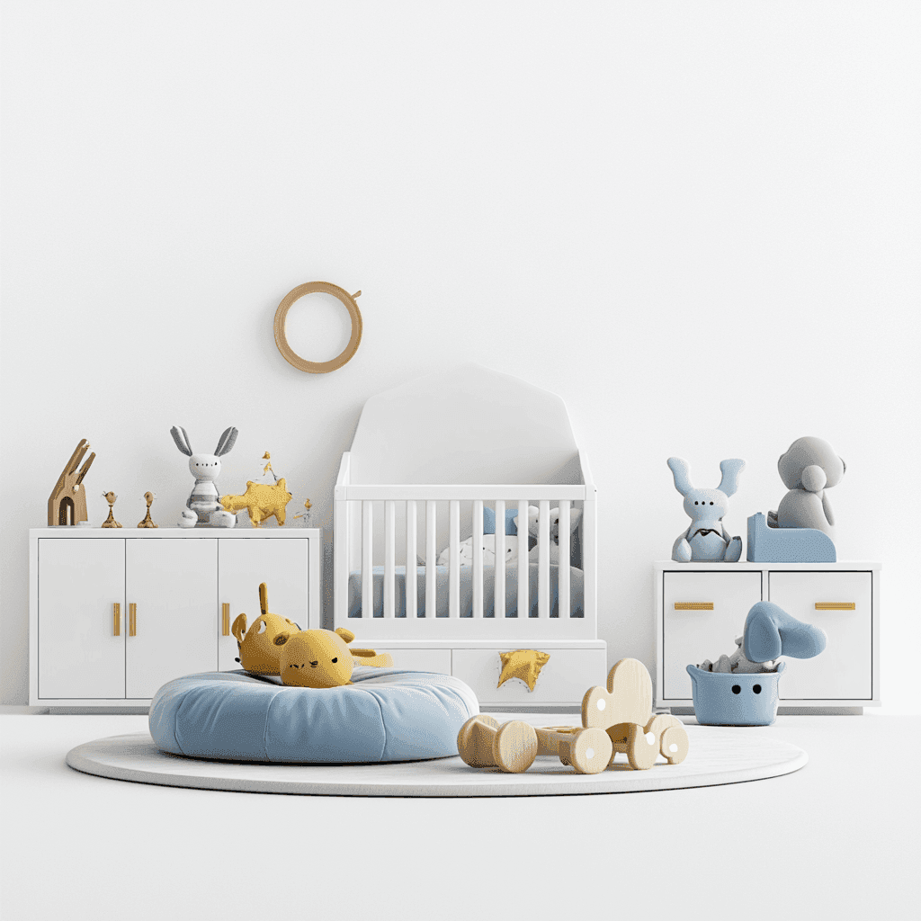 Ein Kinderzimmer mit Bett, Schränken und Spielzeug. Die Möbel sind weiß oder grau.