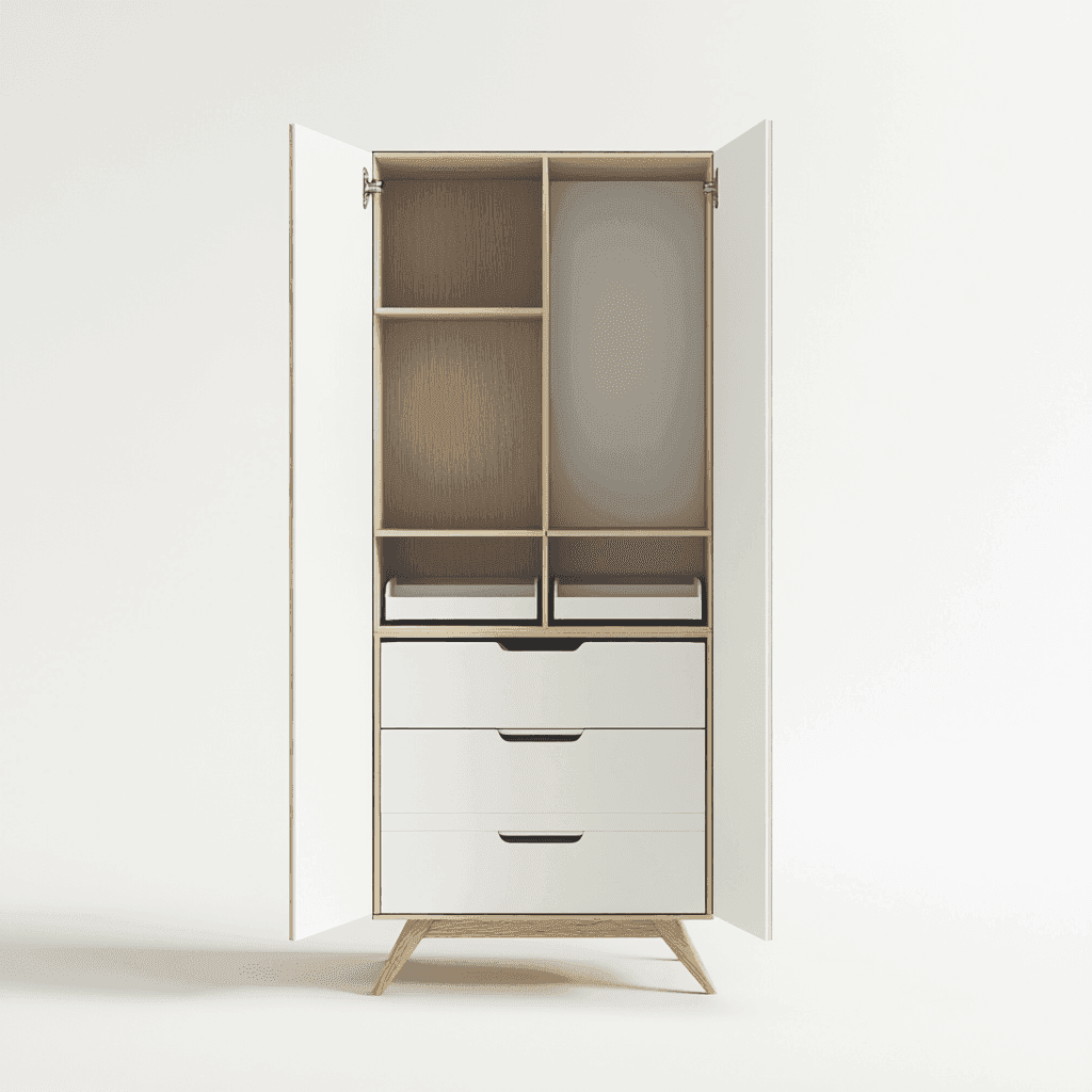 Ein Schrank mit offenem Tür, darin Regale und Schubladen.