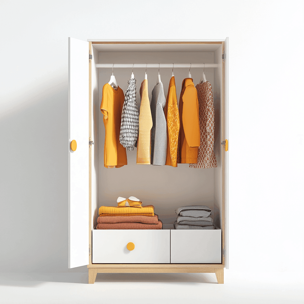 Ein Schrank mit offener Tür zeigt Kleidungsstücke, die an einem Ständer hängen und eine Schublade darunter.