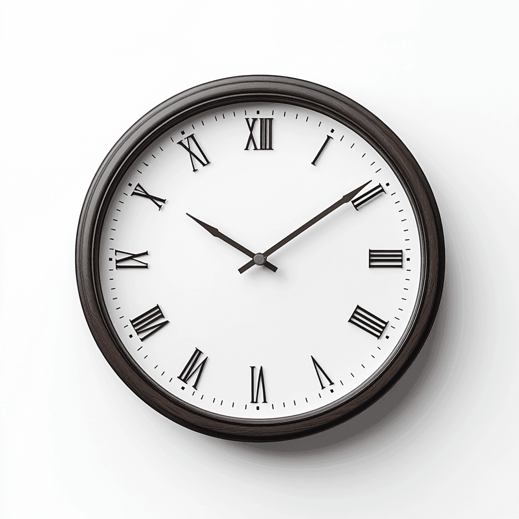 Eine Wanduhr mit dunklem Rahmen und weißem Zifferblatt zeigt 10:10 Uhr an.