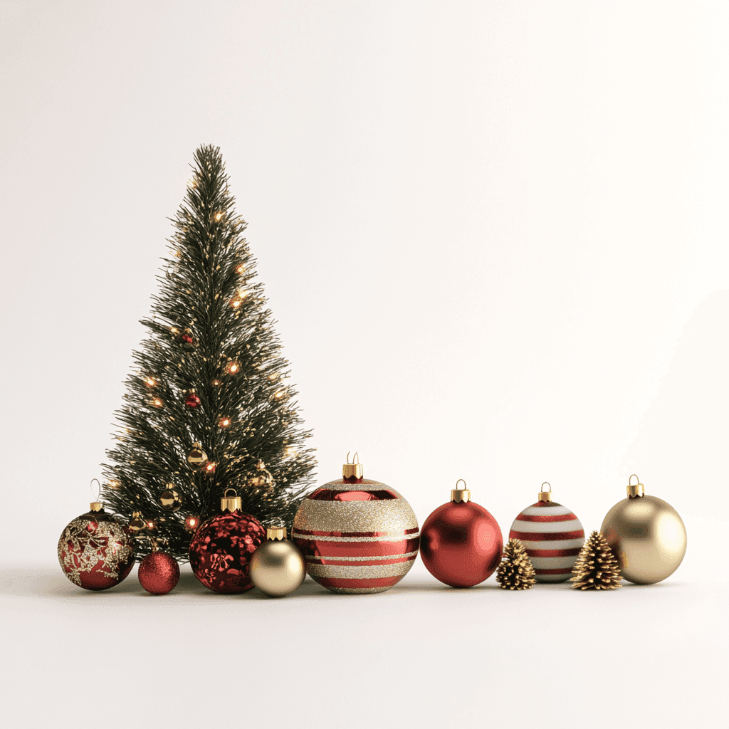 Ein kleiner Weihnachtsbaum mit Geschenken und Dekoration in Rot und Gold.