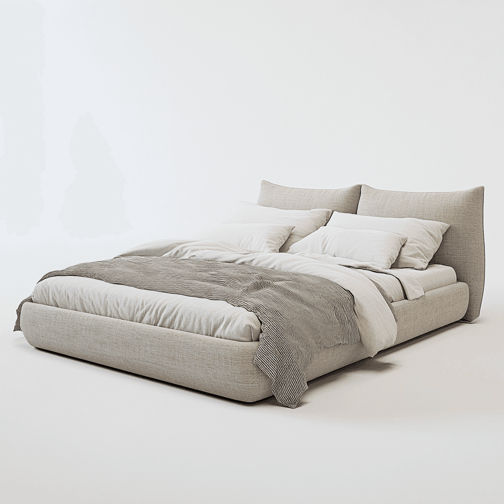 Ein großes Bett mit grauen Stoff-Kopfteil, weißem Laken, weißen Kissen, schwarzer Decke und Bettzeug.