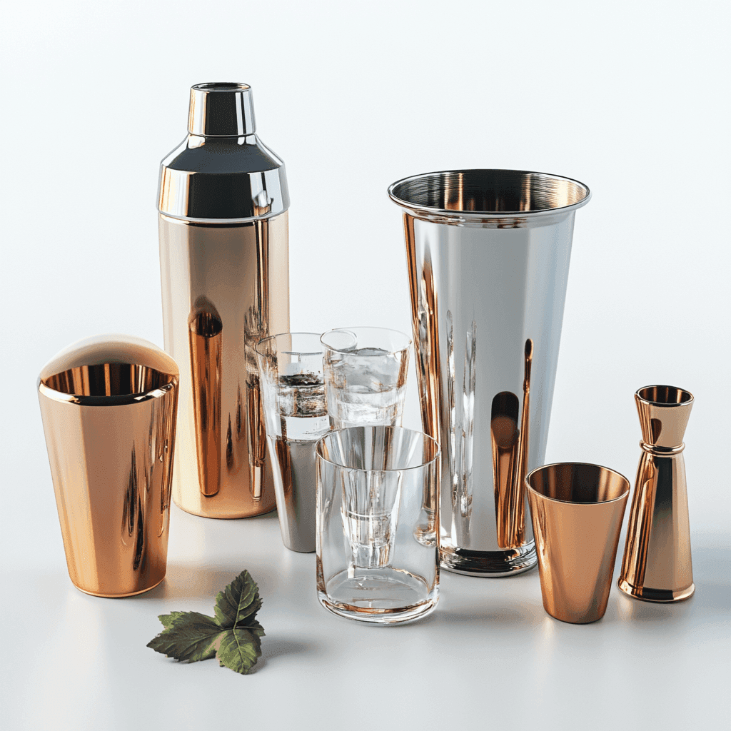Eine Sammlung von Cocktailschöpfern und -gläsern in silbernen oder goldenen Farben: zwei Shakers, einige Gläser und ein Jigger.