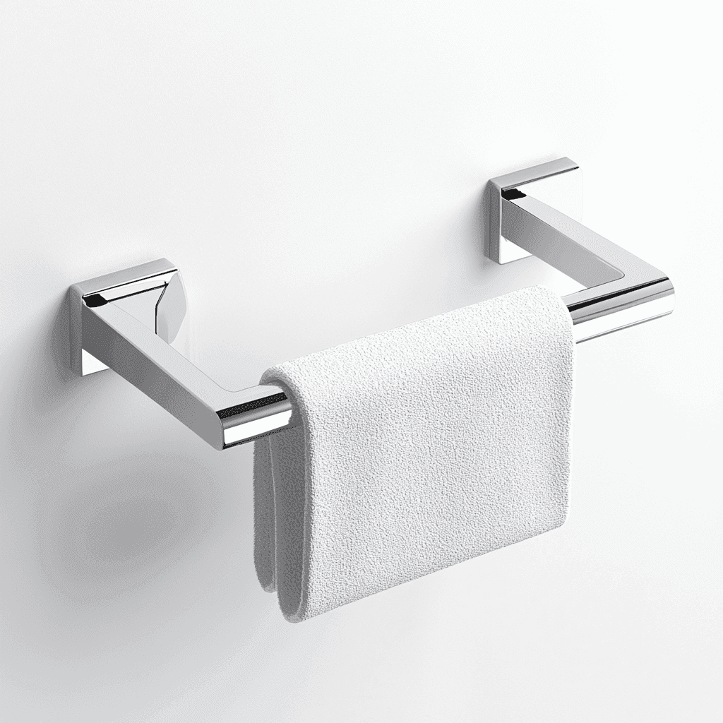 Moderne Toilettenpapierhalterung mit weißem Handtuch.