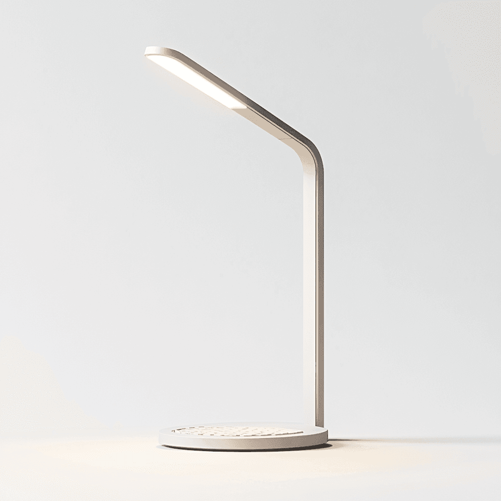 Eine weiße LED-Lampe mit flachem, rundem Fuß und langem, gebogenen Arm vor hellgrauem Hintergrund.