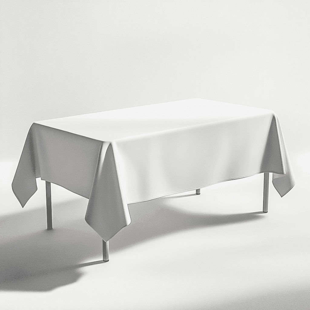 Eine weiße Tischdecke auf einem metallischen Tisch mit starkem Schattenwurf vor weißem Hintergrund.