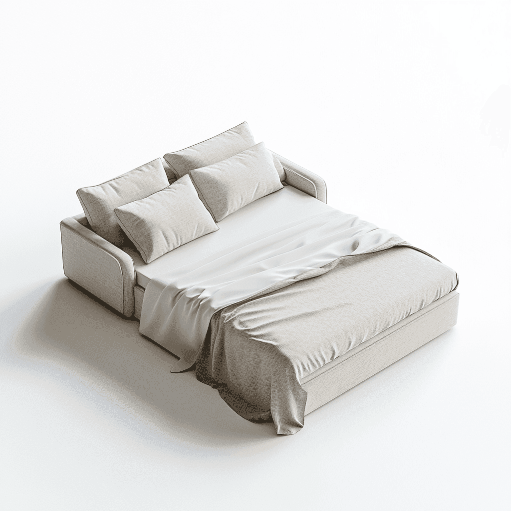 Ein cremefarbenes Sofa mit drei Kissen, das sich zu einem Bett umfunktionieren lässt.