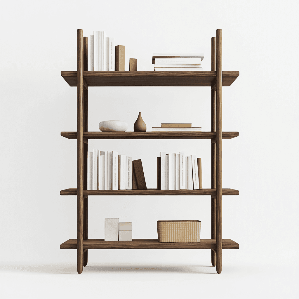 Ein Bücherregal mit vier Regalen, gefüllt mit Büchern, Kästchen, Krügen und Keramik.
