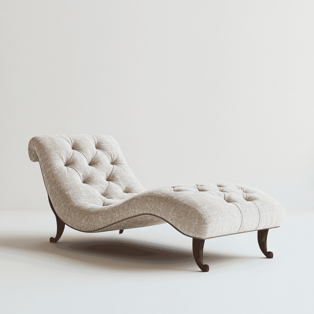 Weiße Chaise Lounge mit dunklen Beinen auf weißem Hintergrund.  Stoff, modernes Design.