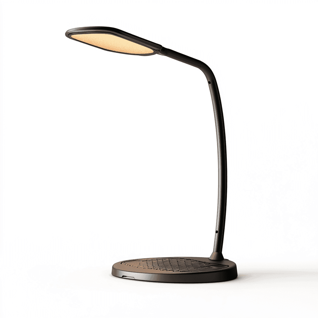 Tischlampe mit ovalem Lichtband, schwarzer Oberfläche und schmalem Stiel auf brauner Unterlage vor weißem Hintergrund.