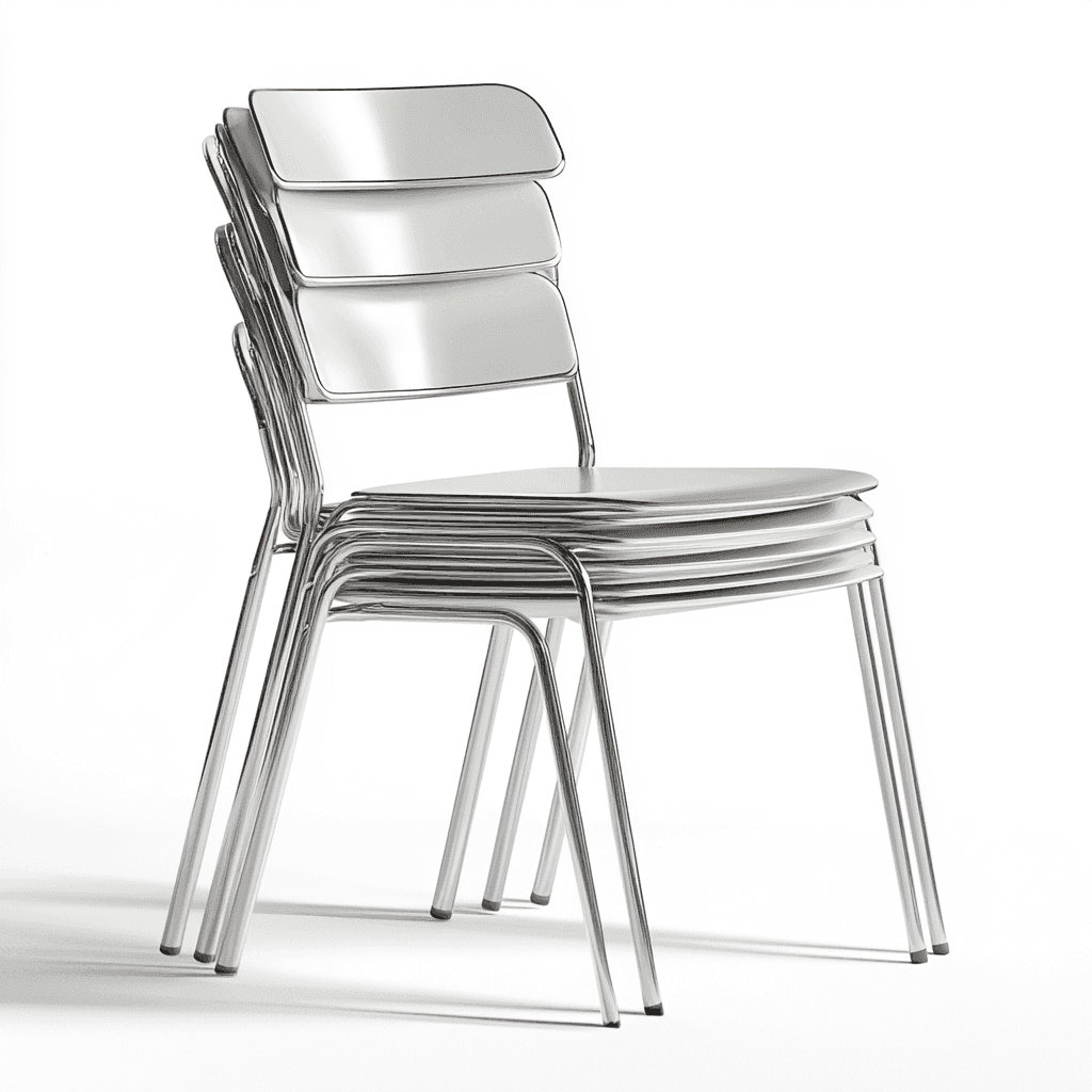 Ein Stuhlgestell mit vier modernen Aluminiumstühlen auf weißem Hintergrund.