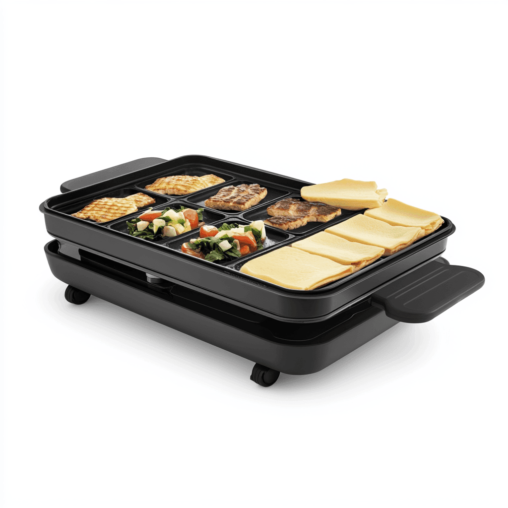 Raclette-Grill mit Zutaten auf weißem Hintergrund.