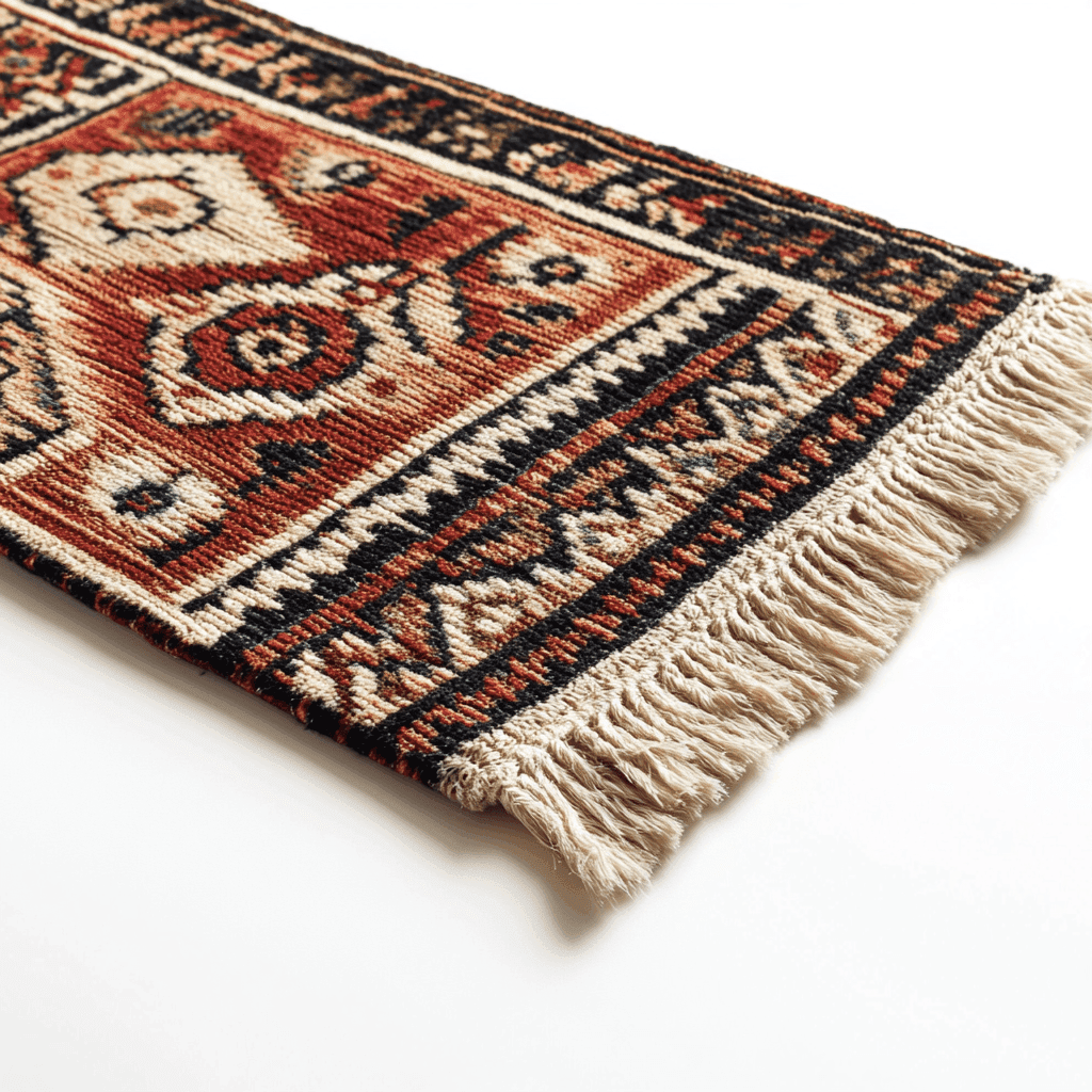 Orientalischer Teppichrücken mit roten, weißen und schwarzen Mustern, weiße Borte.