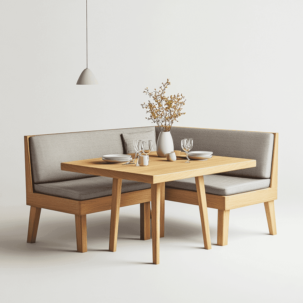 Kleiner Holztisch mit zwei Sitzmöglichkeiten, die einen Ecktisch bilden können. Graue Kissen.