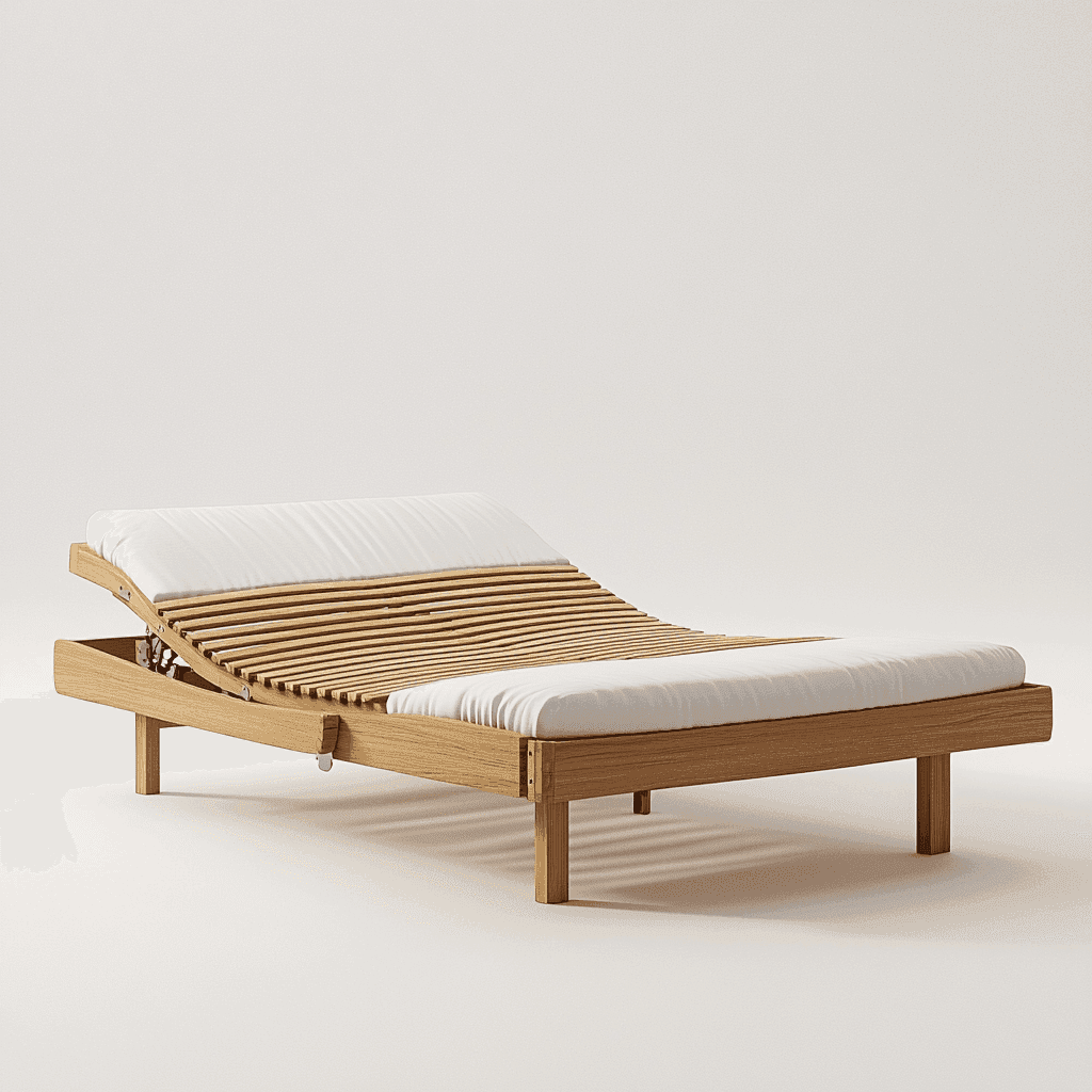 Ein Bett mit weißer Matratze auf einem Holzlager steht auf hellen, braunen Holzebenen.