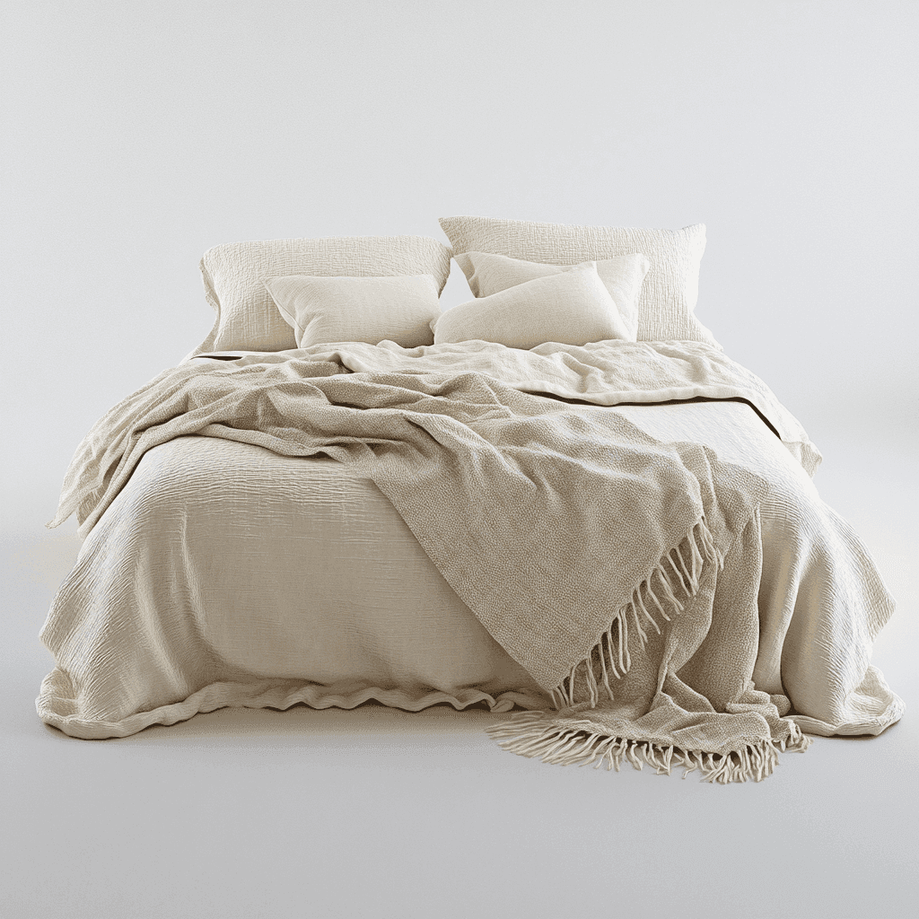 Ein Bett mit weißen Kissen, einer weißen Decke und einer weißen Wolldecke.