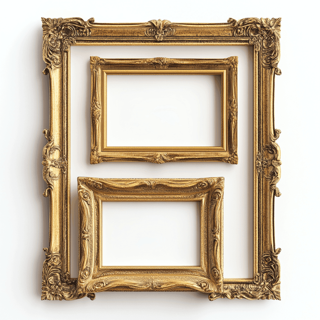 Zwei goldene Rahmen an einer weißen Wand hängen.