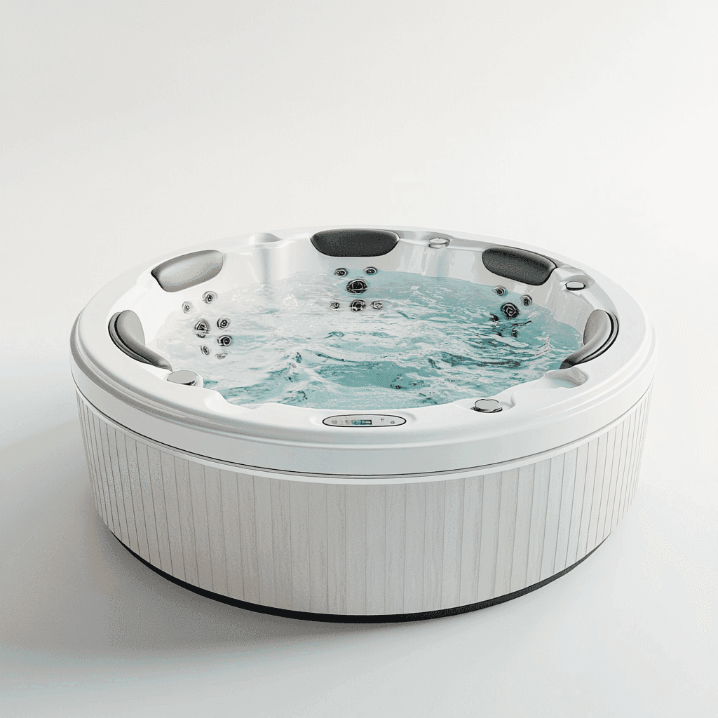 Whirlpoolbad mit weißem und grauem Rahmen, blauem Wasser und Luftblasen. Hinter dem Whirlpool eine weiße Wand.