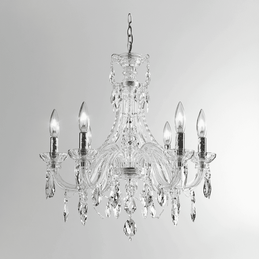 Elegantes Kristall-Kronleuchter mit fünf Kerzenhaltern und zahlreichen Schmuckkristallen für ein luxuriöses Ambiente.