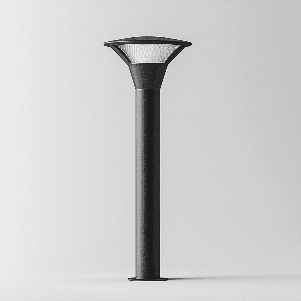 Eine schlanke, schwarze Säule mit breitem oberen Teil und einer Mesh-Abdeckung auf weißem Hintergrund.
