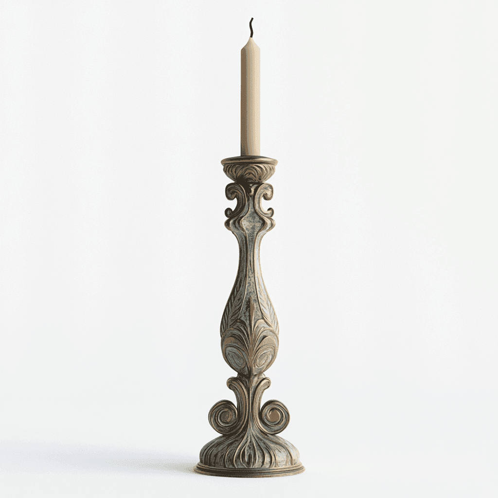 Antik anmutender Kerzenständer mit weißer Kerze auf weißem Hintergrund, verziert mit Ornamenten.