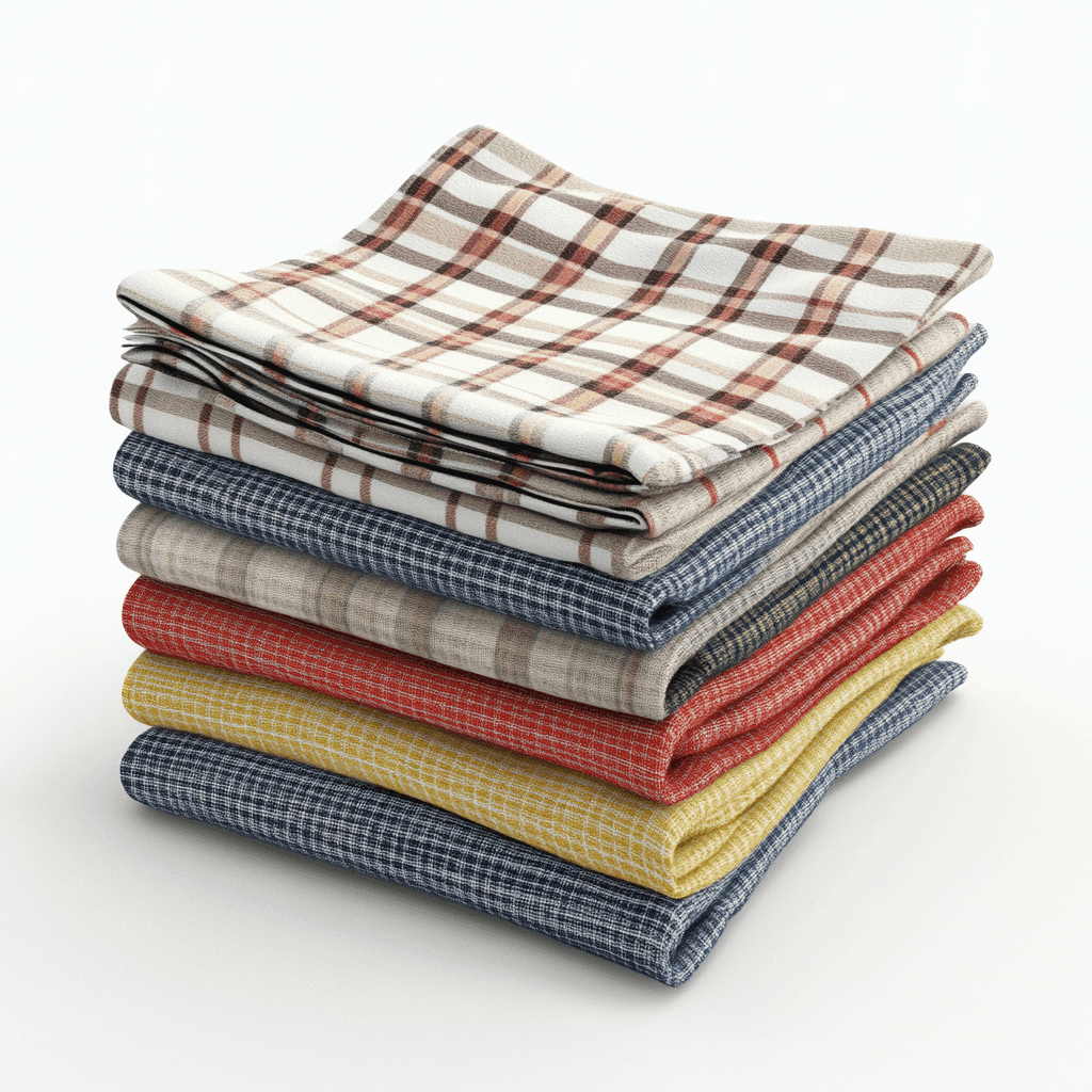 Stapel von sechs Stoffstücken mit Plaid-Muster.