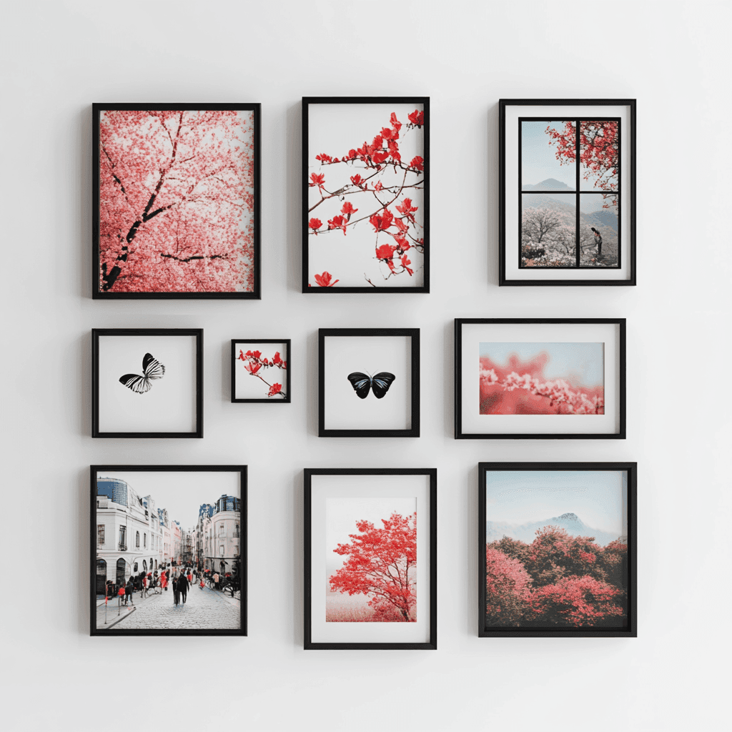 Eine Wand mit mehreren gerahmten Bildern, die hauptsächlich Blumen und Tiere darstellen. Die Bilder sind von verschiedenen Größen und auf einer weißen Wand angeordnet.