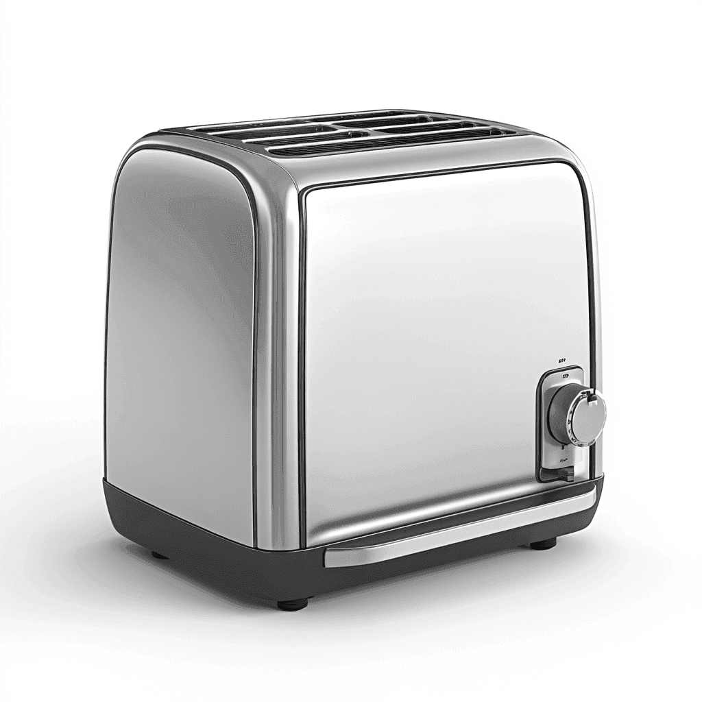 Silberner Toaster mit schwarzer Unterkante und Kipp-Schaltwelle.