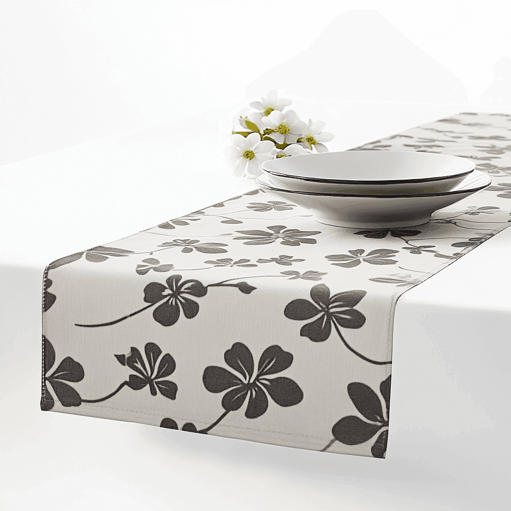 Tischläufer mit weißem und schwarz-braunem Blumenmuster, zwei leere Schalen und weiße Blüten auf einem Tisch.