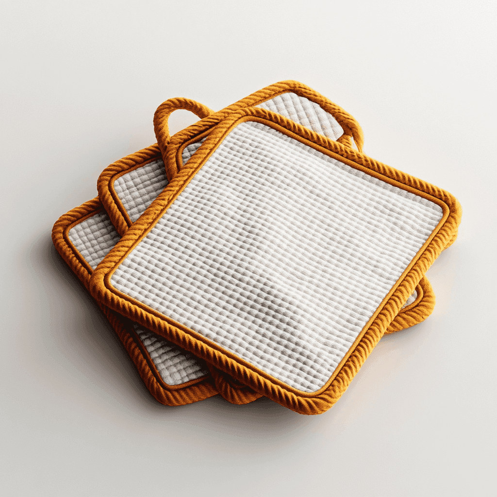 Drei weiße Küchenbögen aus Waffelgewebe mit orangen Kanten und Griffen.