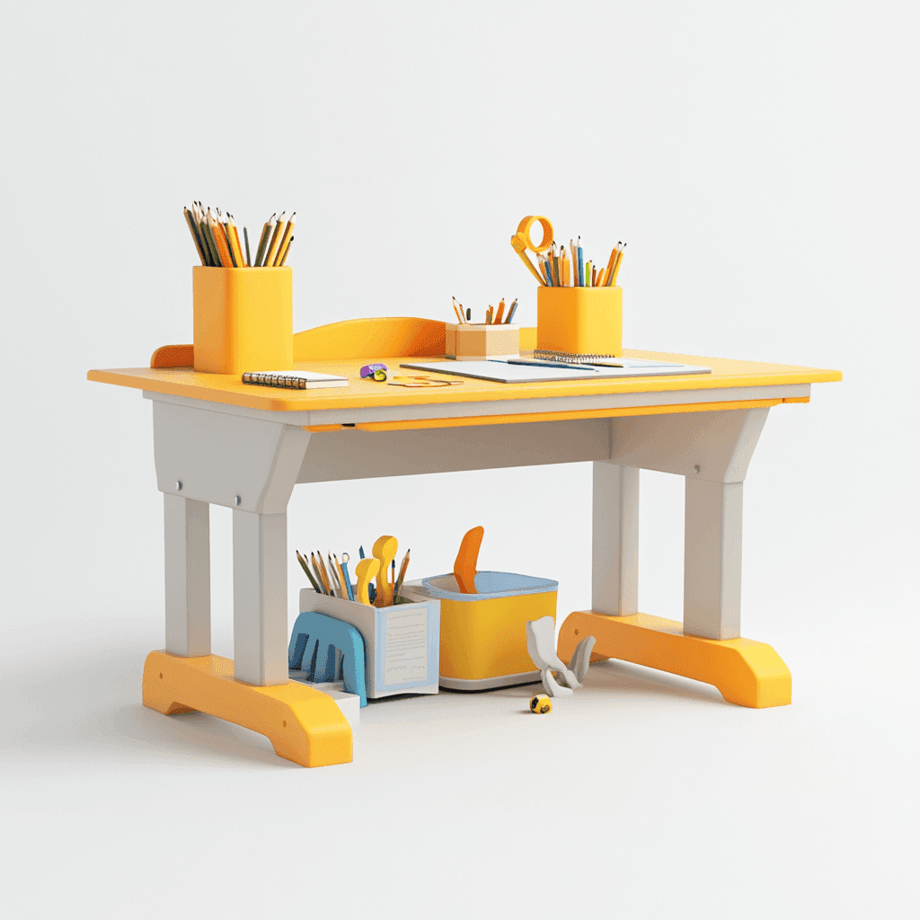 Kinder-Tisch mit bunten Farben und kreativen Werkzeugen auf einer orangen Oberfläche.