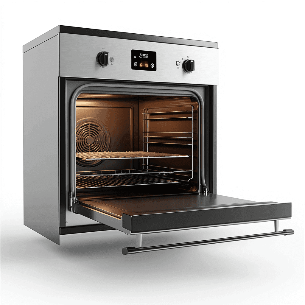 Der Backofen hat zwei Kochfächer, ein digitales Display und verschiedene Funktionen. Es gibt eine Zugabe- und Ausgabe-Einheit, einen integrierten Fettabsauger und einen digitalen Zeitwecker.