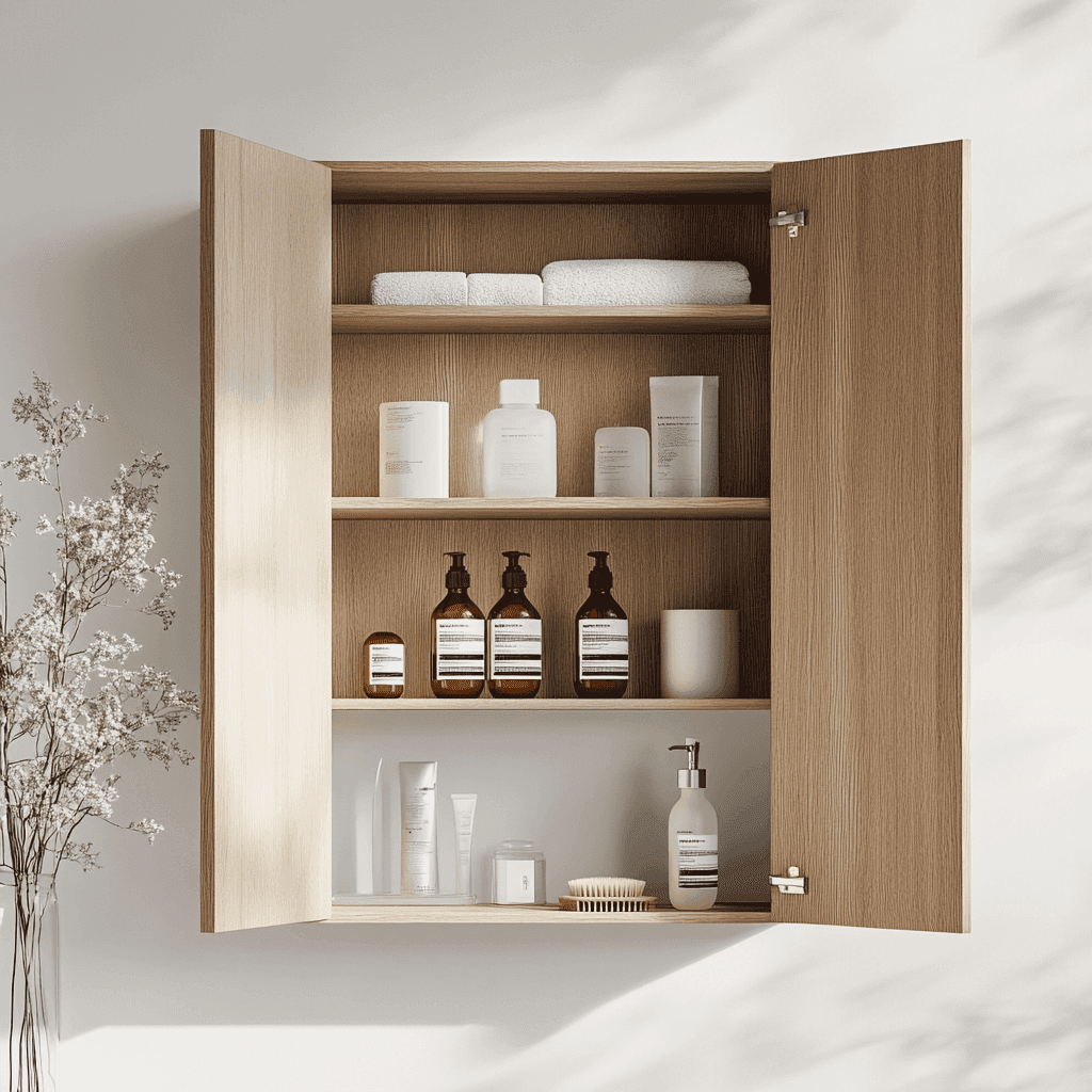 Ein offener Holzschrank mit verschiedenen Cremes und Duschprodukten auf drei Regalen.