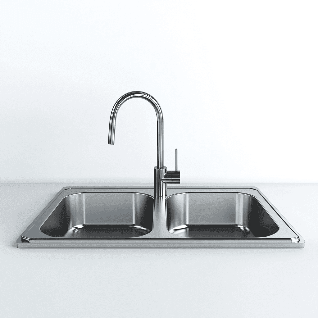 Spülbecken aus Edelstahl mit zwei Ablaufschlitzen und integriertem Wasserhahn.