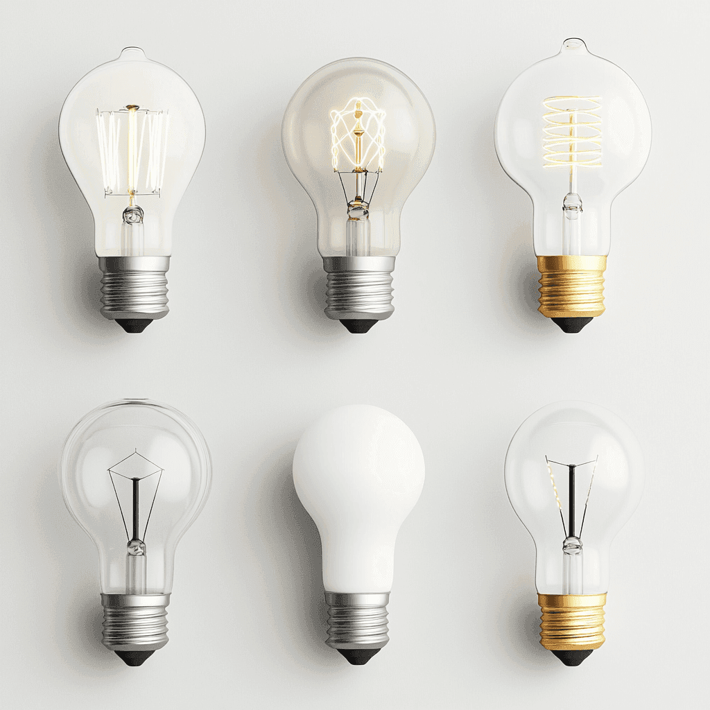 Diese Abbildung zeigt sechs verschiedene Arten von Glühlampen, darunter eine traditionelle Glühbirne und mehrere LED-Lampen mit unterschiedlichen Designs und Farben.