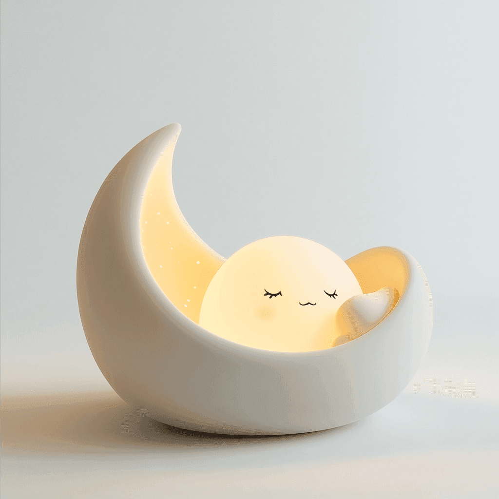 Ein beleuchtetes, weißes Keramik-Mond-Nachtschreinchen mit einem glühsamen Mond darauf.