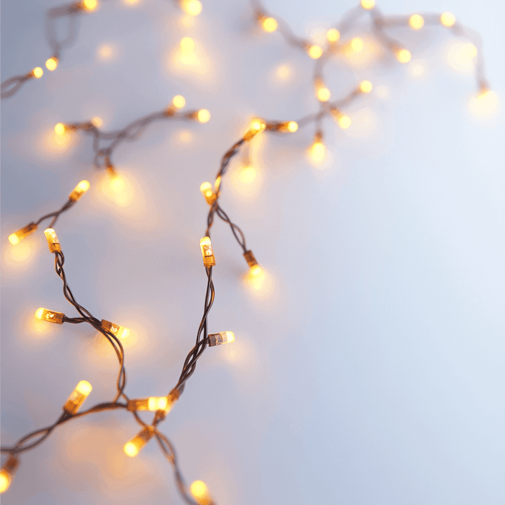LED-Stränge mit gelbem Licht, an schwarzem Kabel befestigt.
