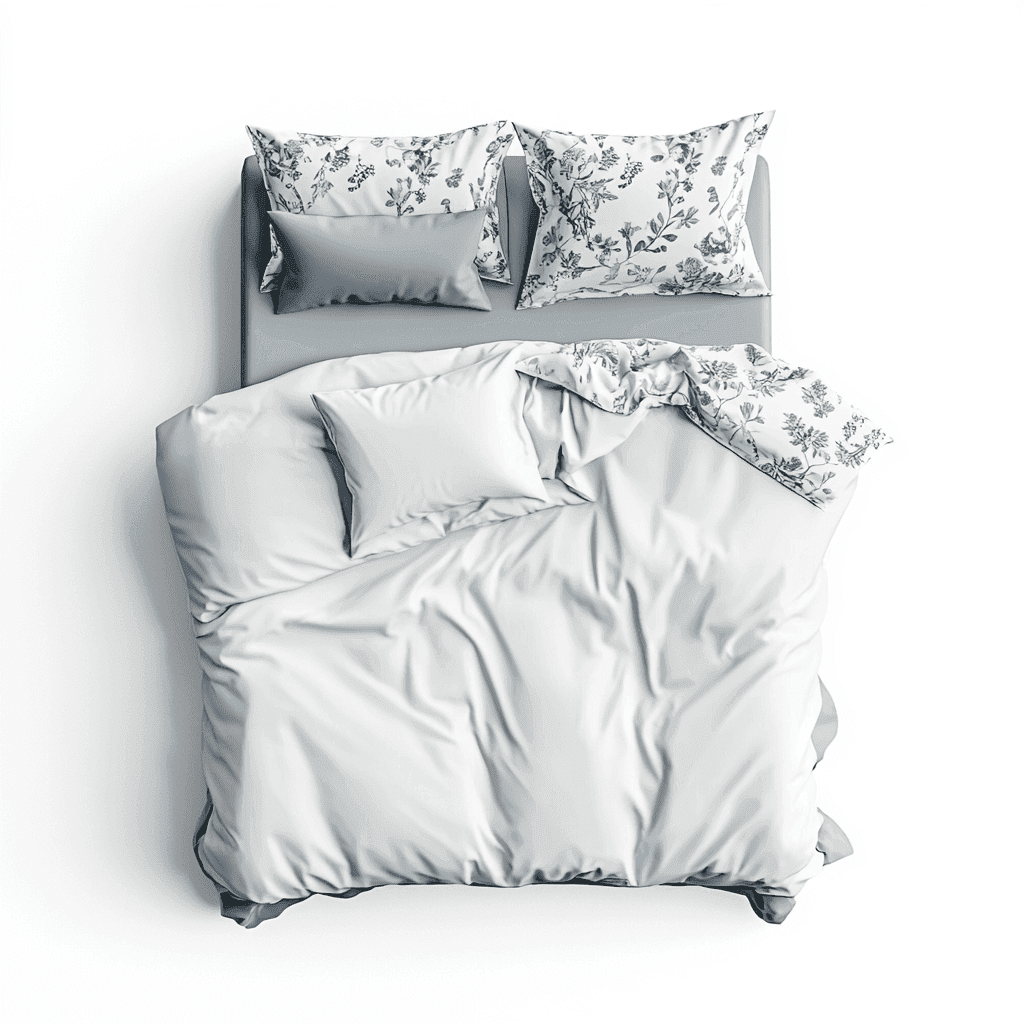 Ein Bett mit weißem Laken und floralen Kissen auf dem Kopfteil.